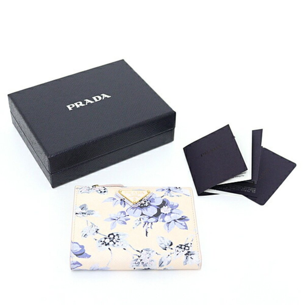 Prada Saffiano Leather Flower Print Bi-fold Wallet Ivory/Light Blue 1ML050 F-... - Picture 6 of 6